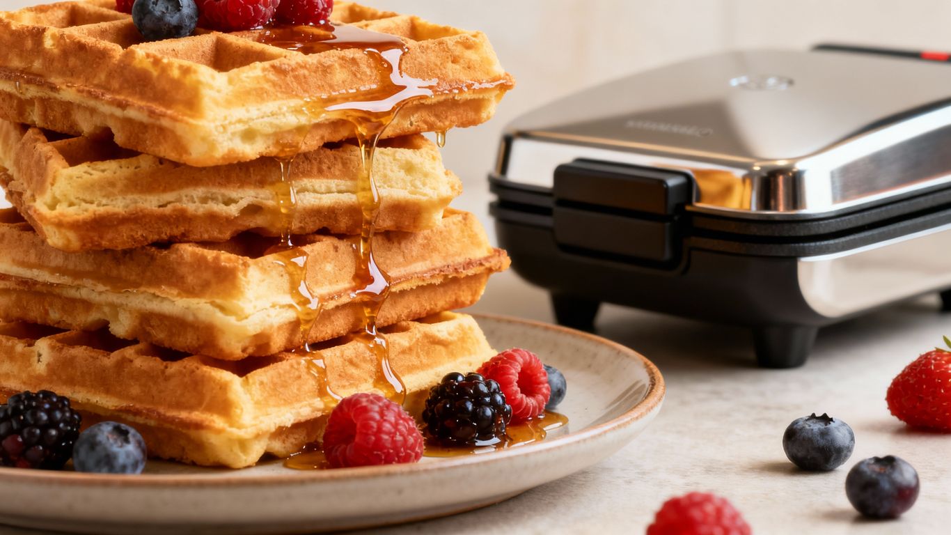 Golden waffles with syrup and berries, waffle machine.