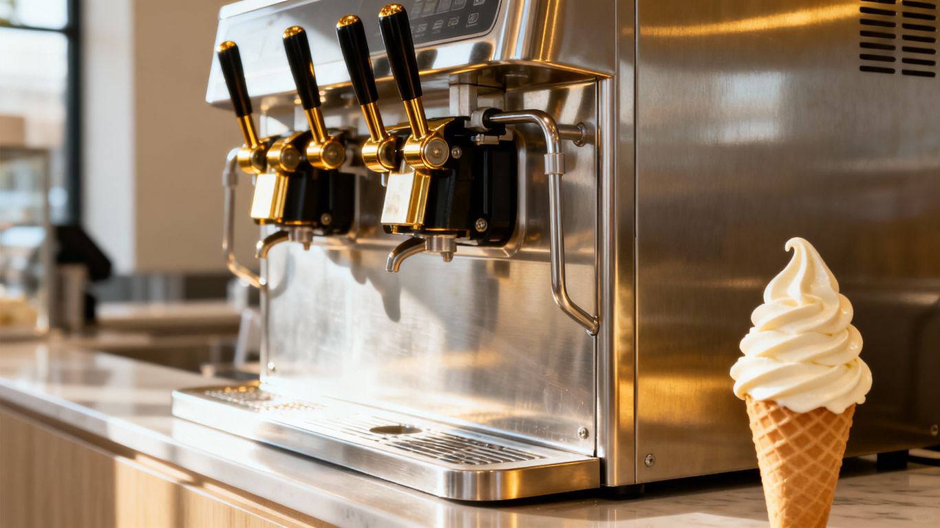 Modern ice cream machine with a vanilla ice cream swirl.