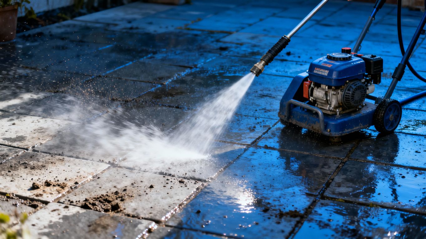 Petrol jet wash cleaning a dirty patio with high-pressure water.