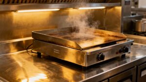 Commercial electric griddle in a UK kitchen.