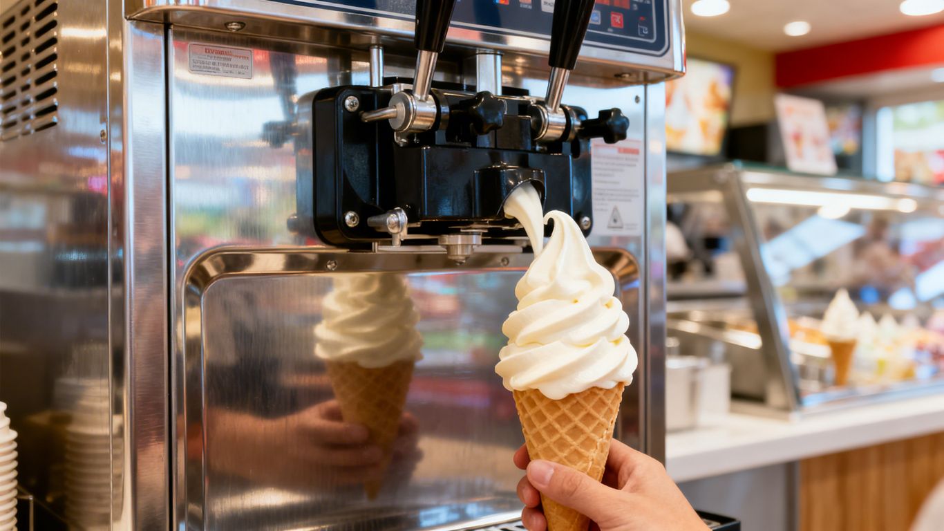 Commercial soft serve ice cream machine dispensing a perfect swirl.