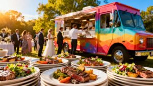 Wedding food truck serving guests outdoors.