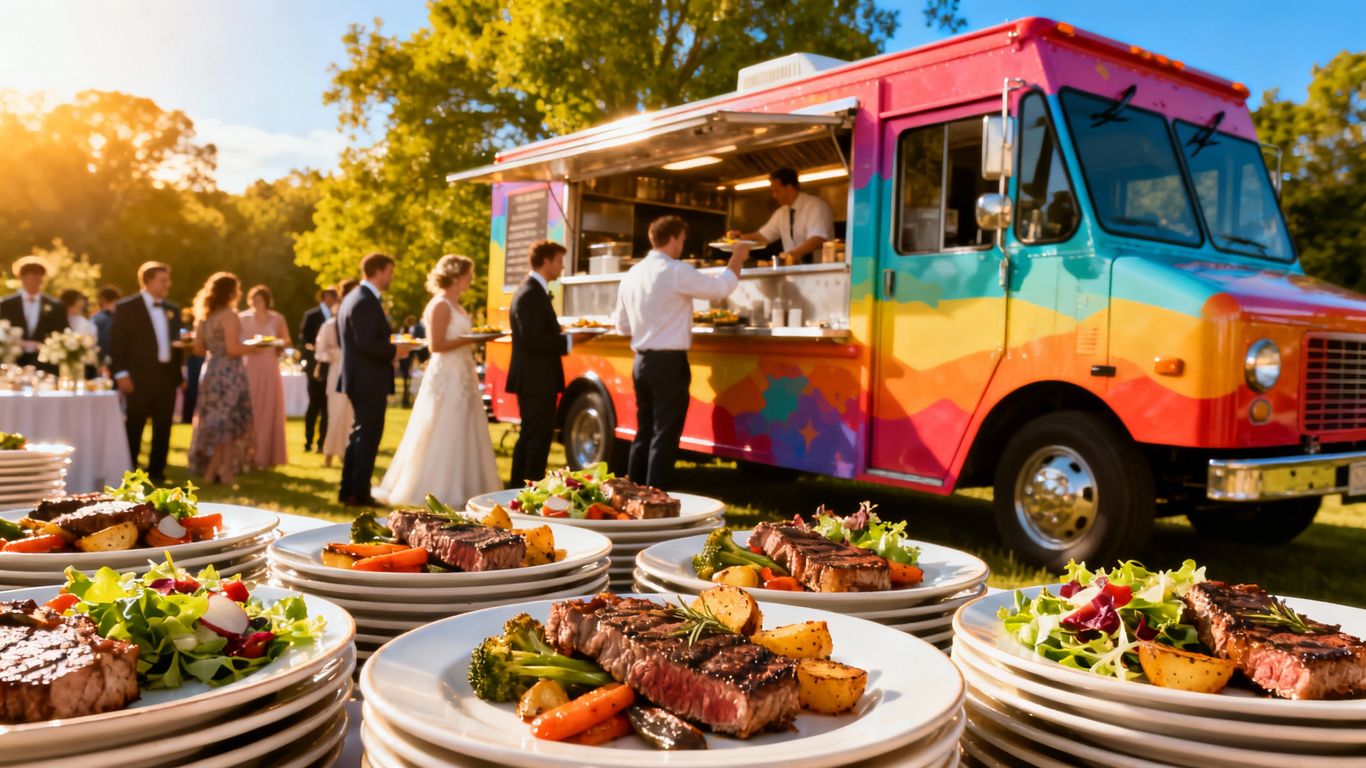Wedding food truck serving guests outdoors.