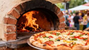Mobile brick oven pizza being cooked outdoors.
