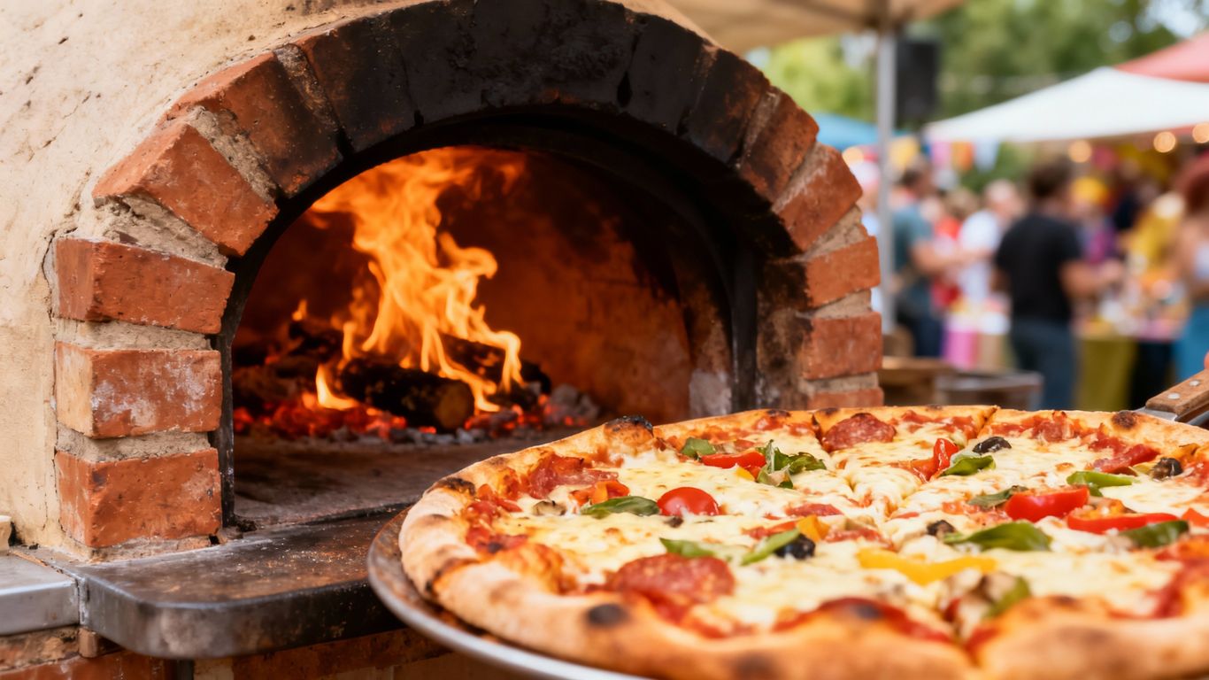 Mobile brick oven pizza being cooked outdoors.