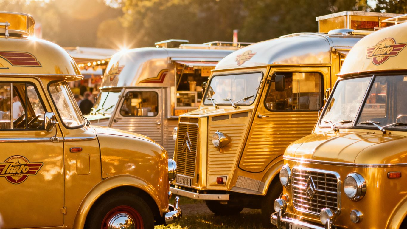 Collection of vintage mobile catering vans for sale.