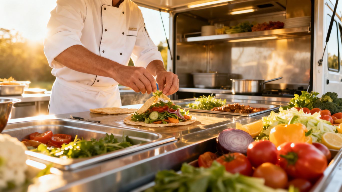 Mobile catering unit with chef preparing food safely.