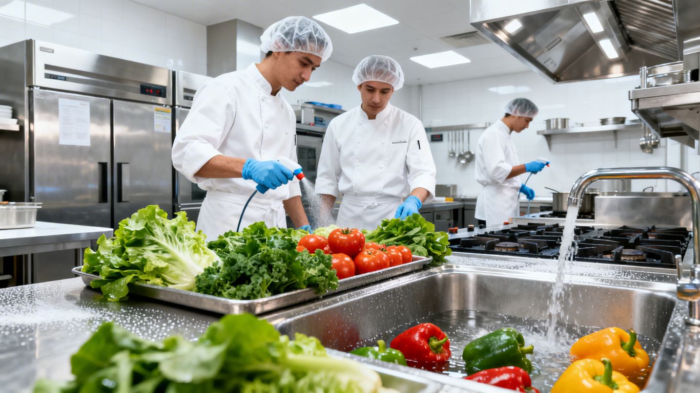 Chefs inspecting produce in a clean commercial kitchen