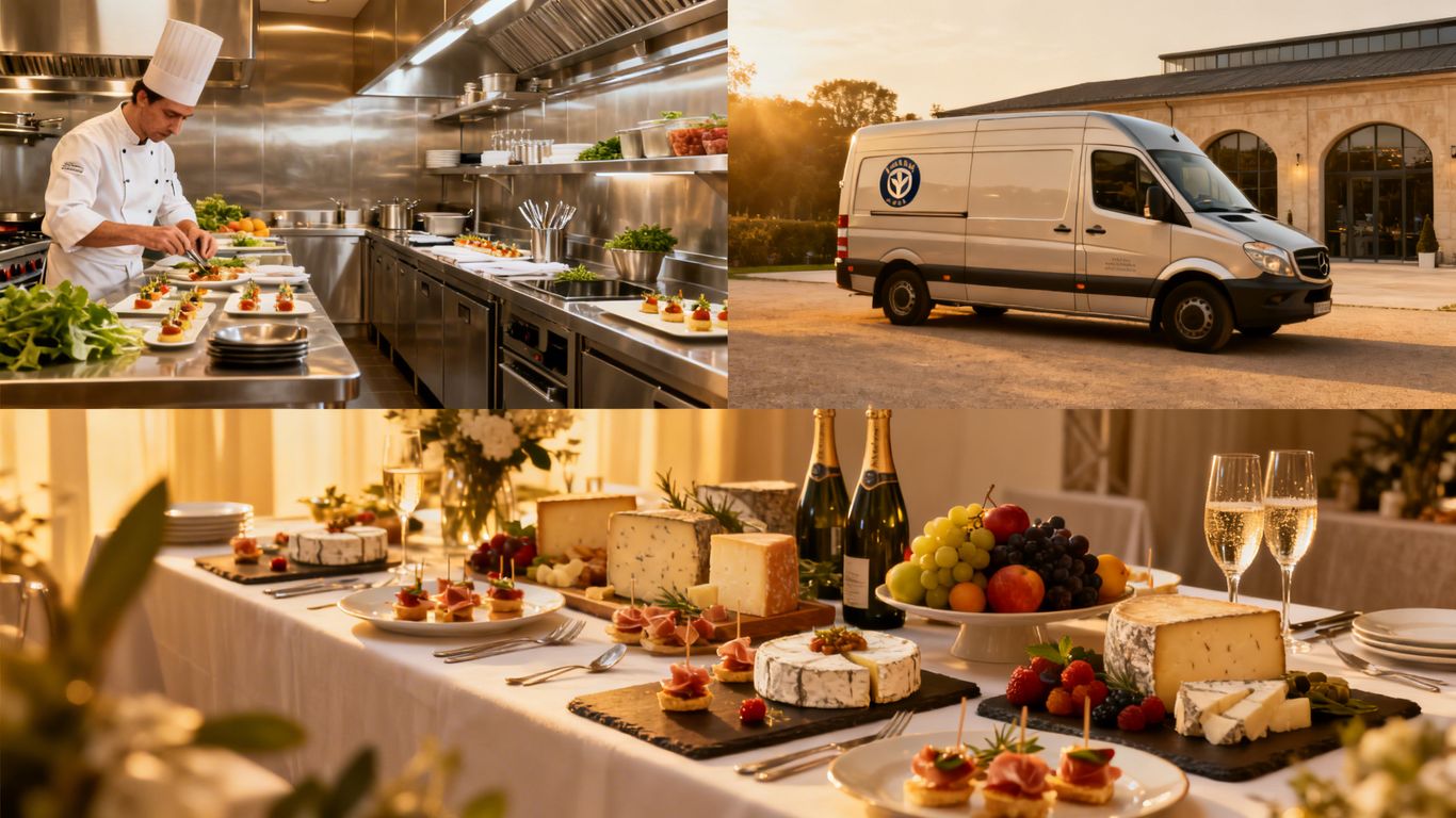 Catering business setup with food, van, and venue.