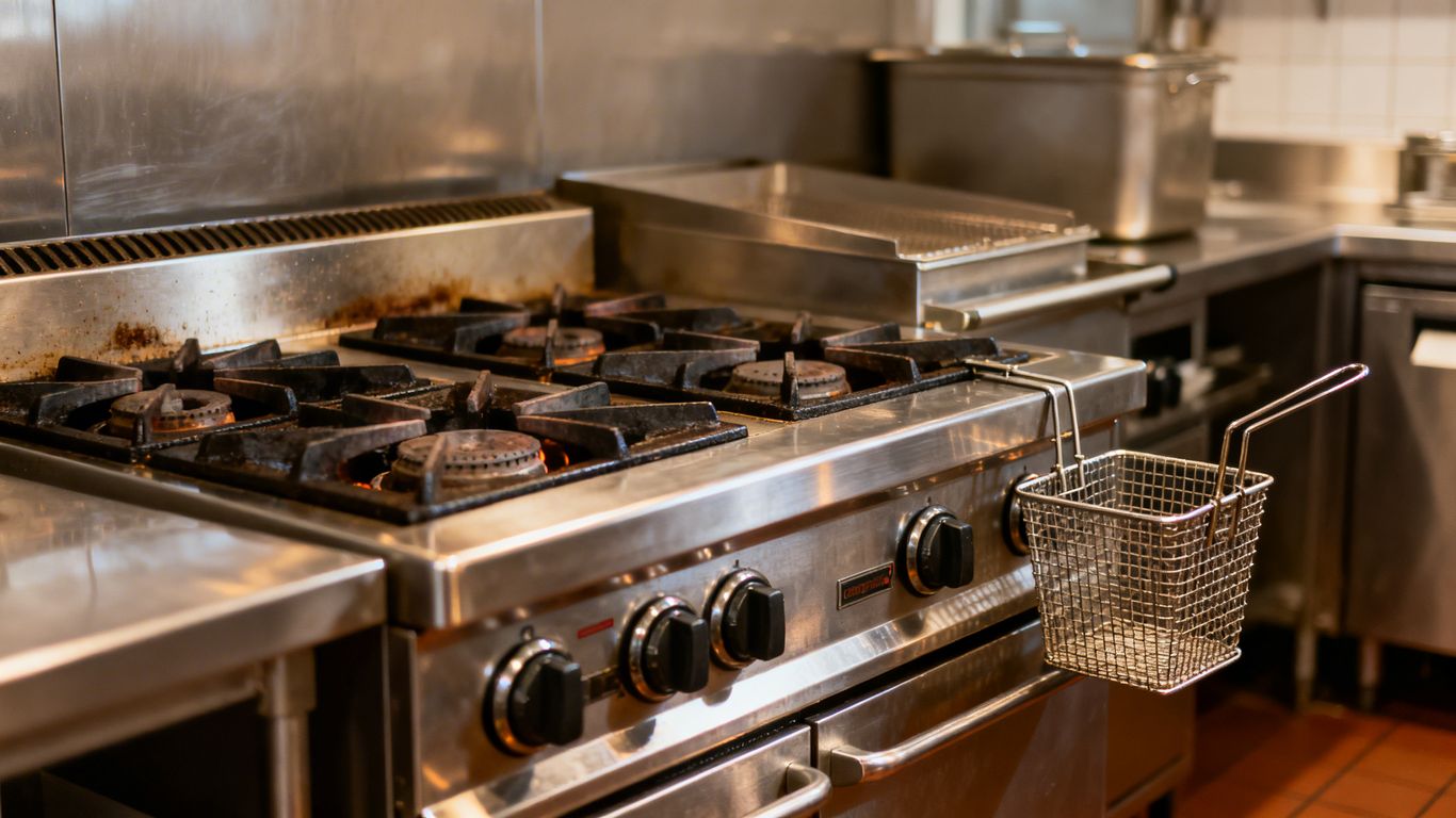 Commercial gas fryer in a UK kitchen.