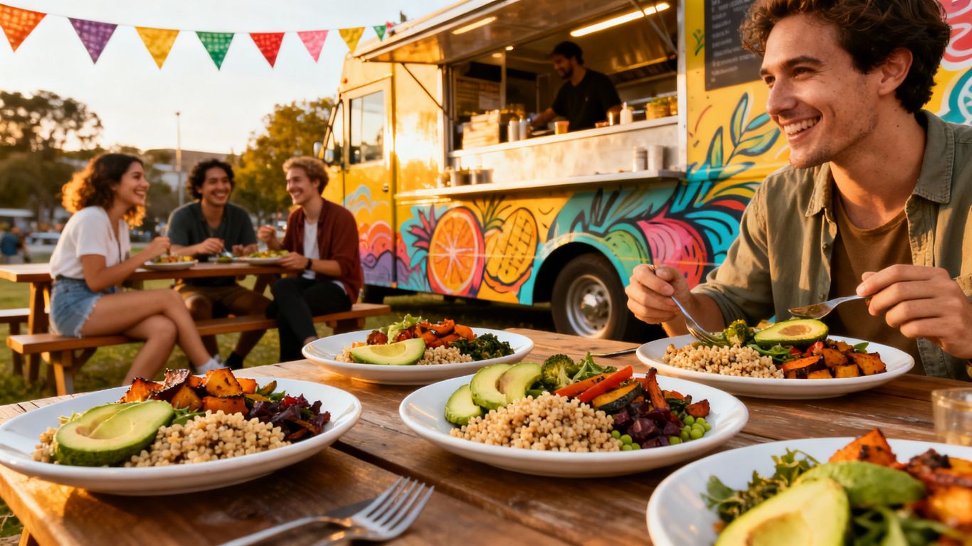 Vegan food truck serving delicious meals across the UK.