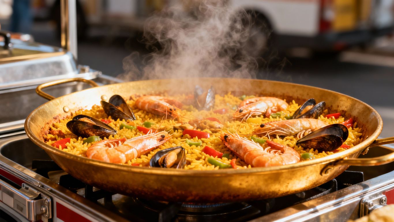 Mobile paella catering van serving a delicious paella dish.