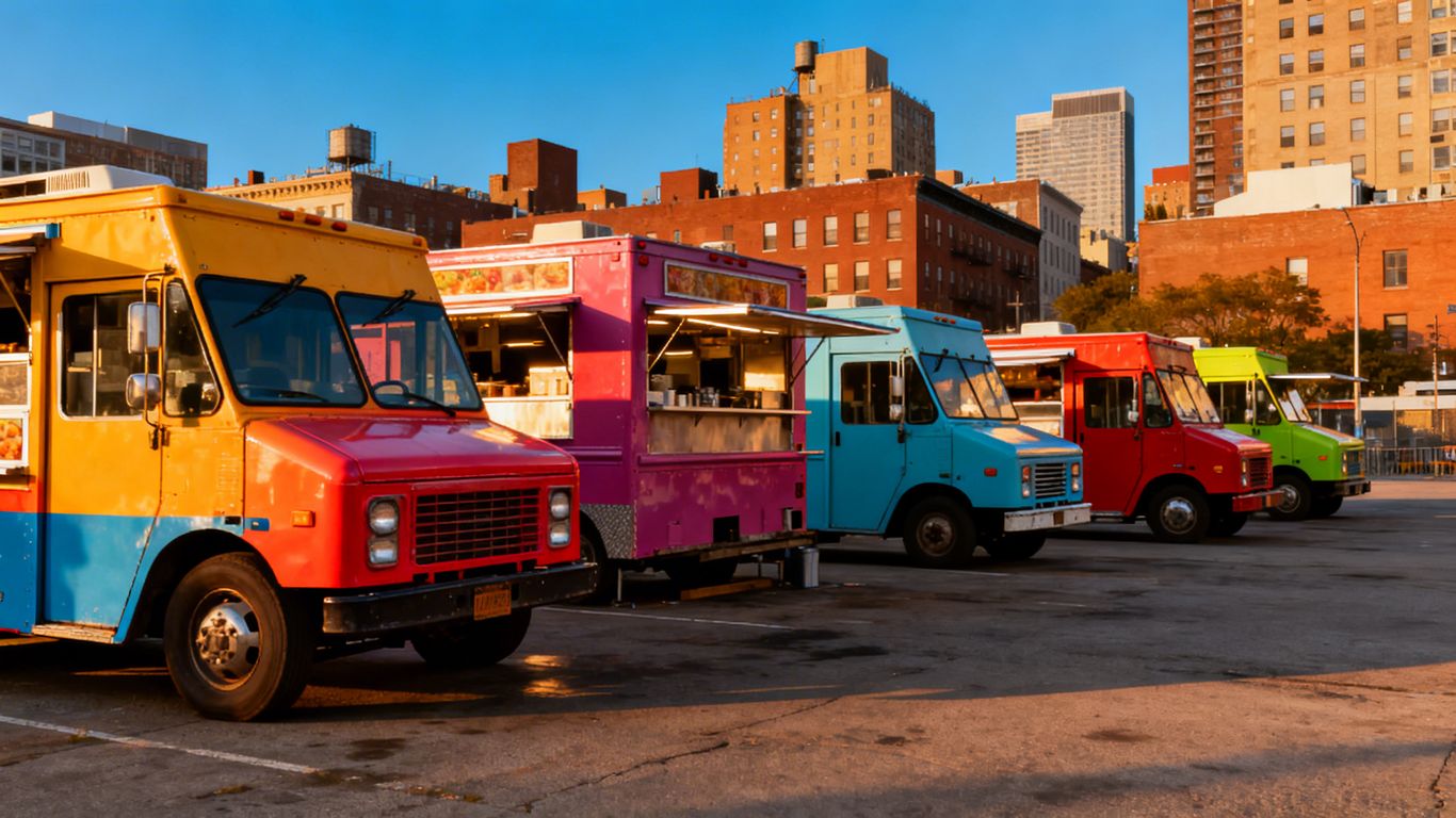 Colourful used food vans parked in a UK city