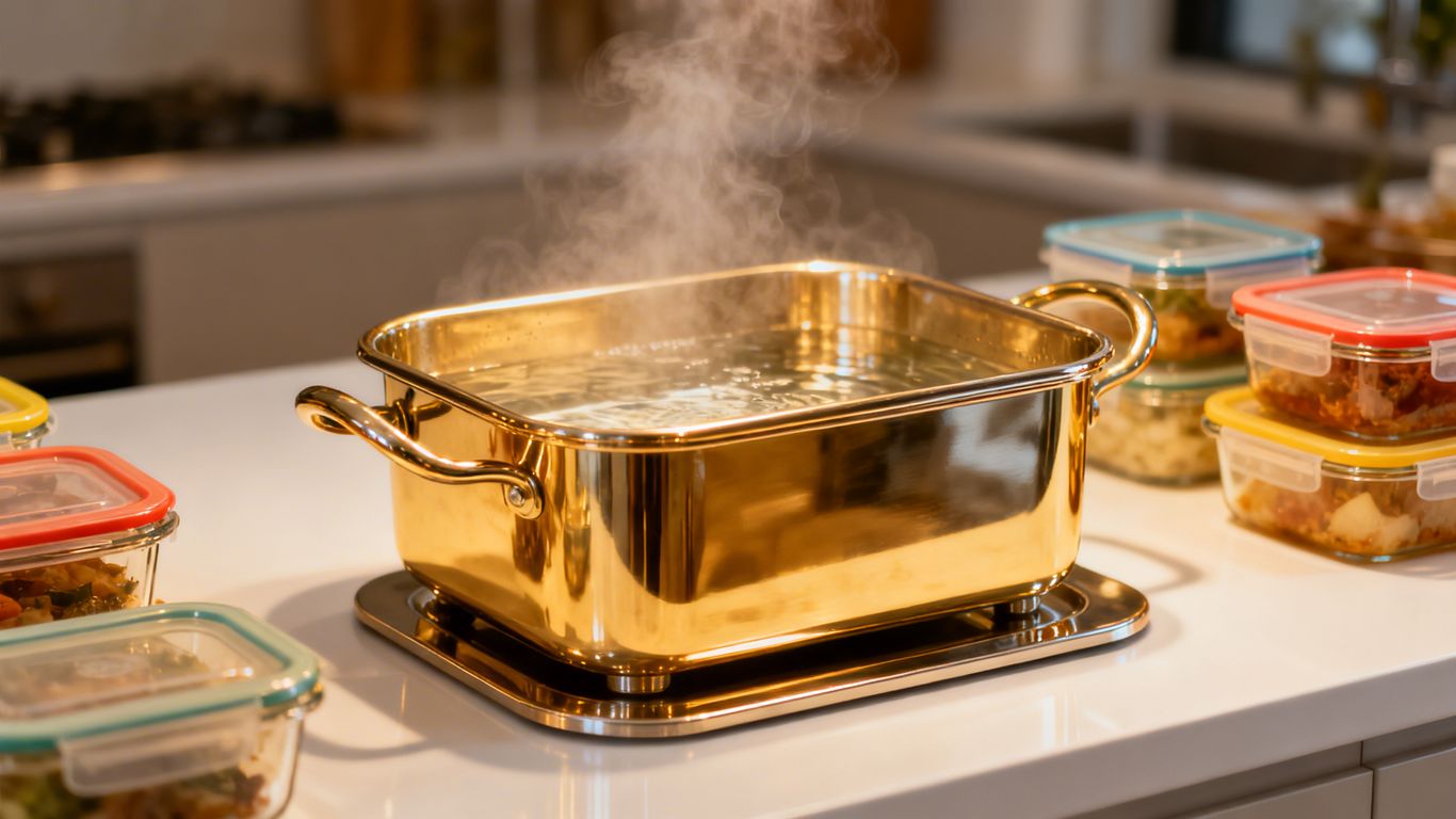 Stainless steel bain marie pot with steaming food containers.