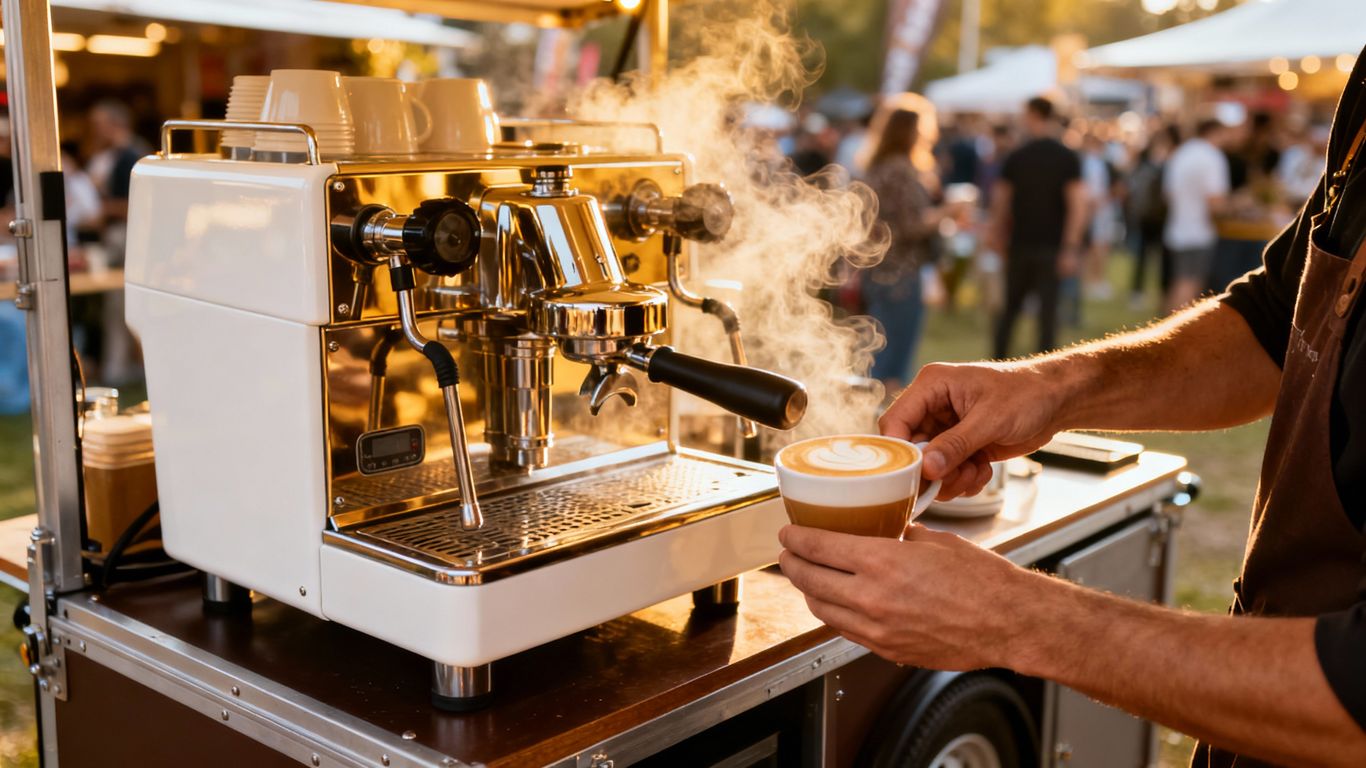 Mobile coffee machine preparing a latte at an outdoor event.