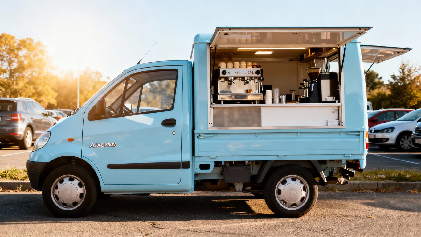 Aixam Mega 600D coffee van, serving window open.
