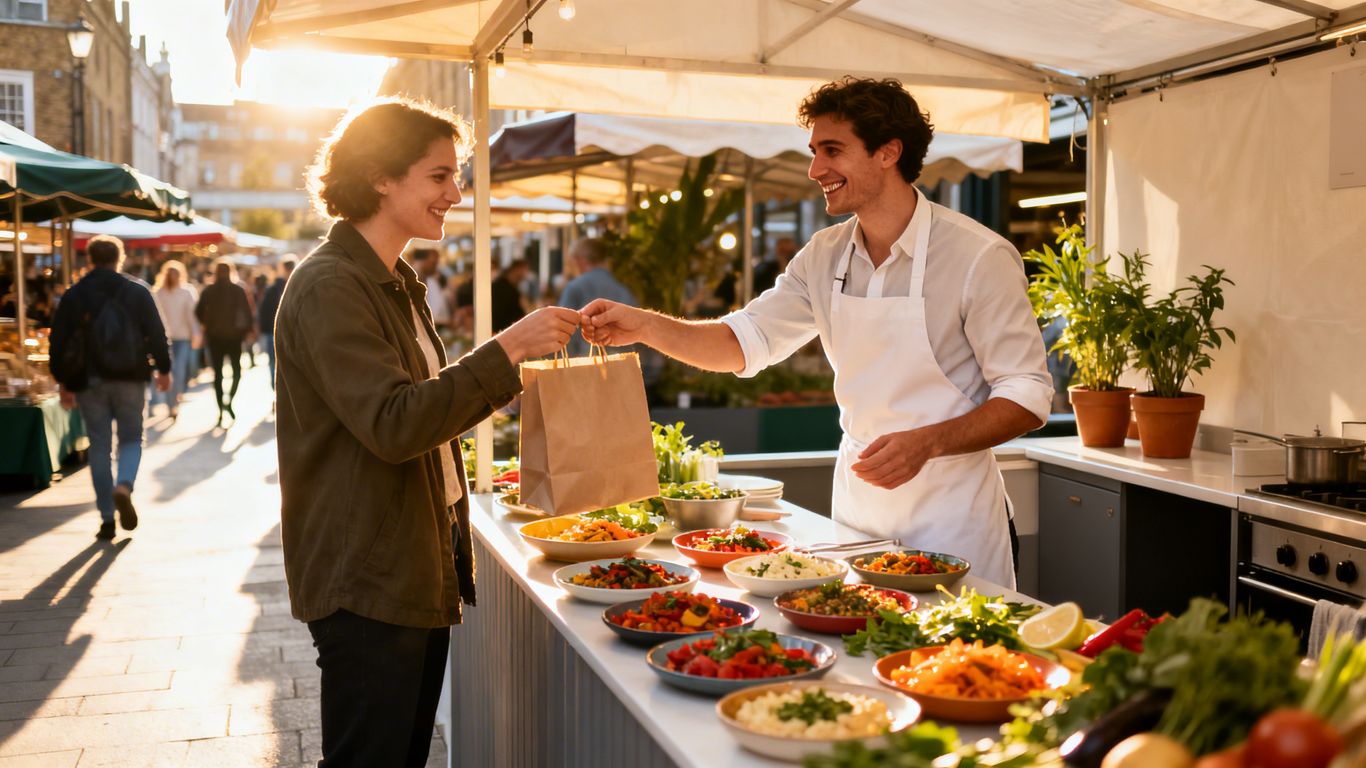 A modern food stall at a UK market.