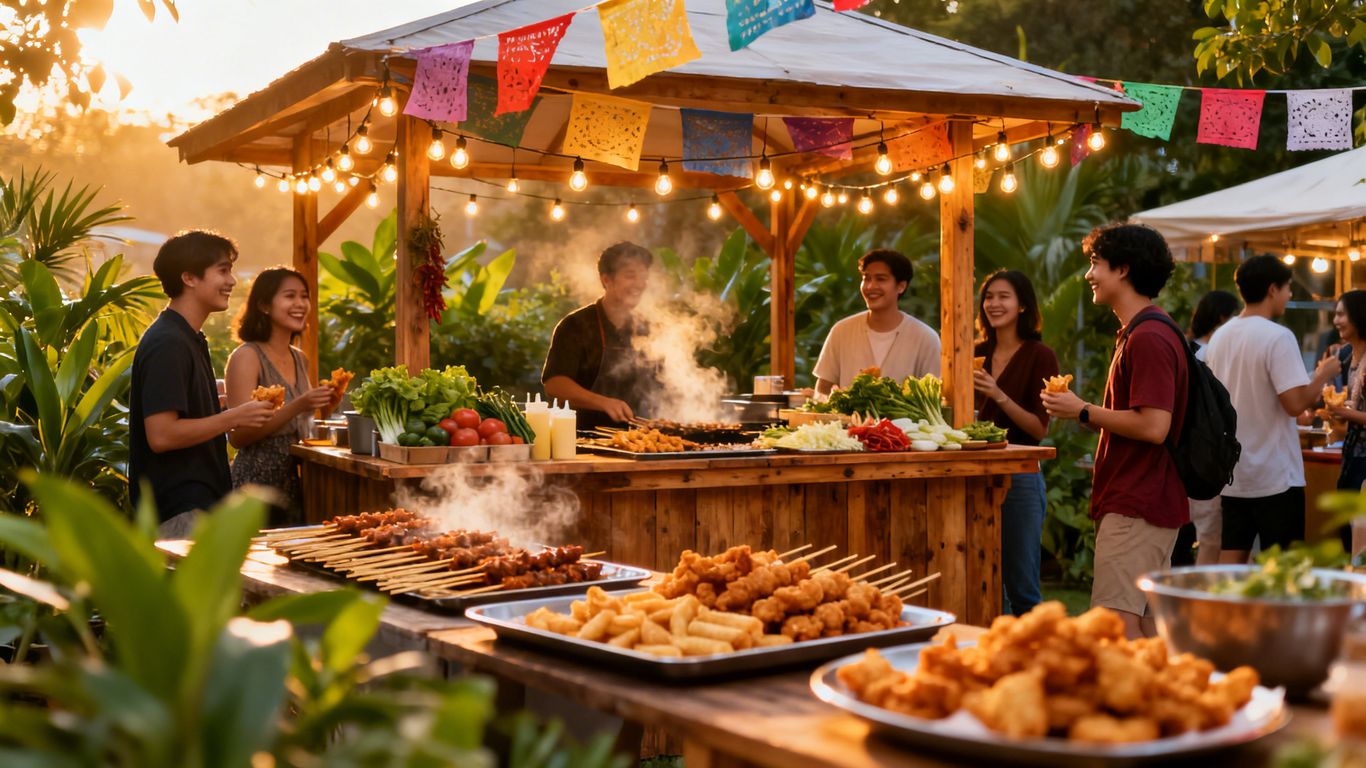 Gazebo food stall with customers and vibrant decorations