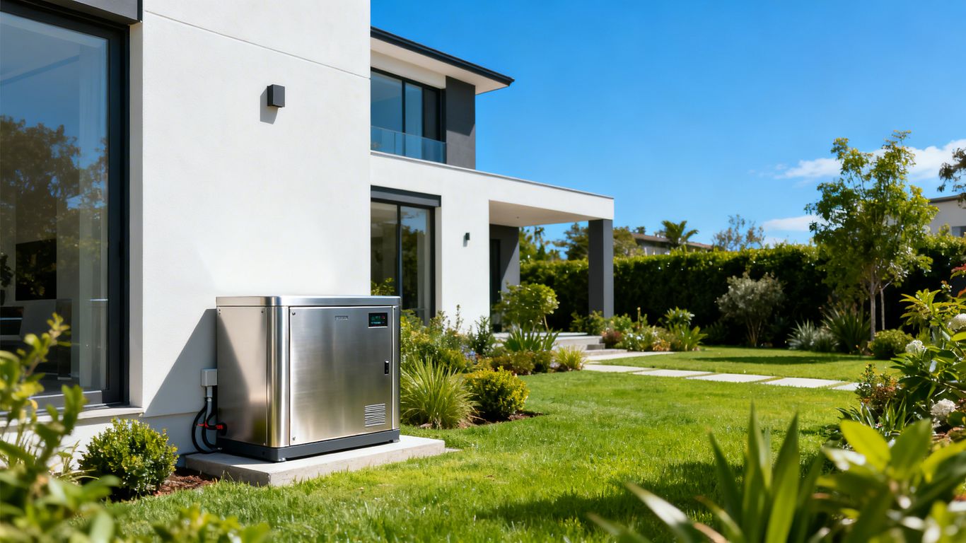 Home backup generator next to a house.