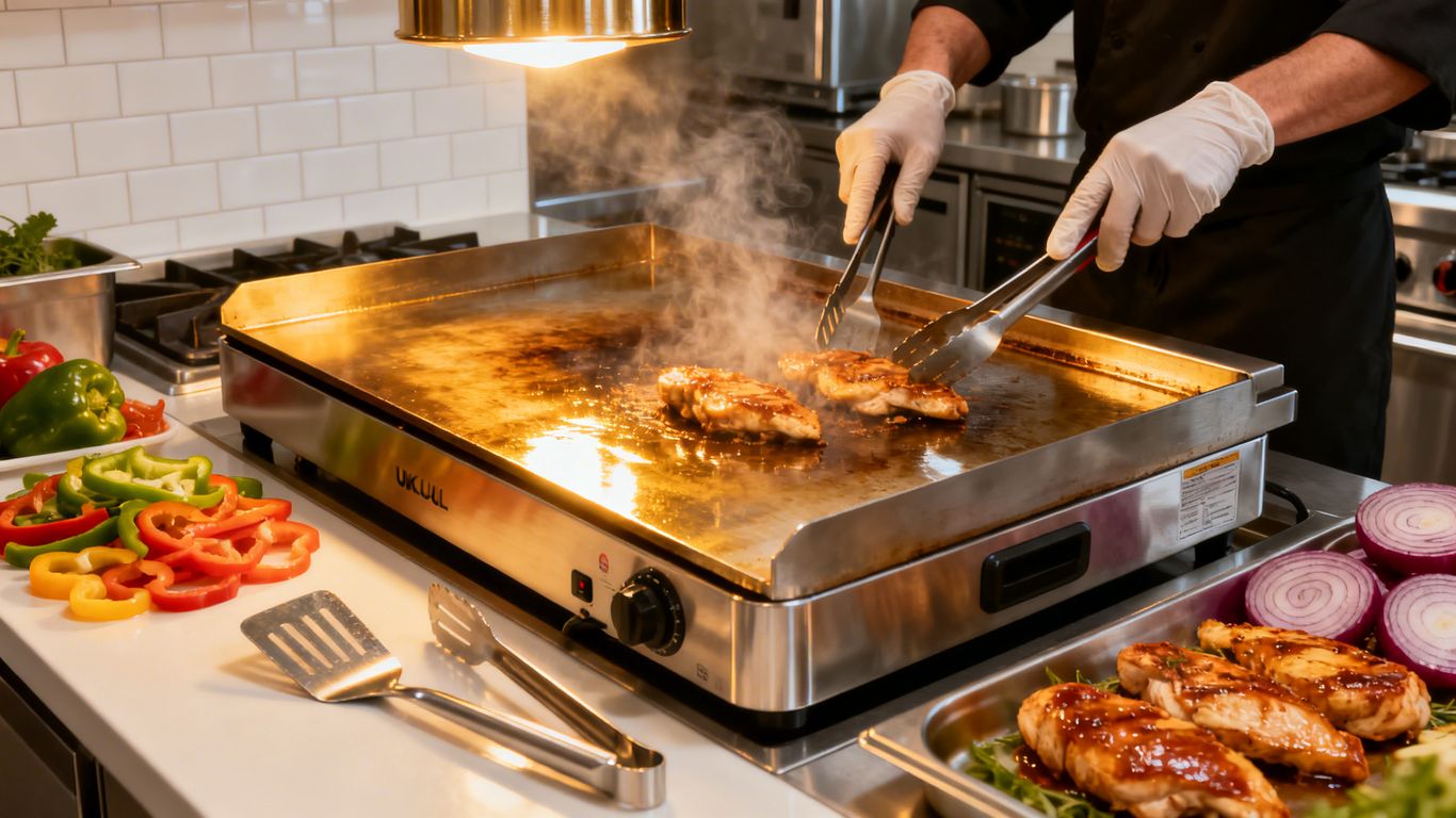 Commercial electric griddle in a UK professional kitchen
