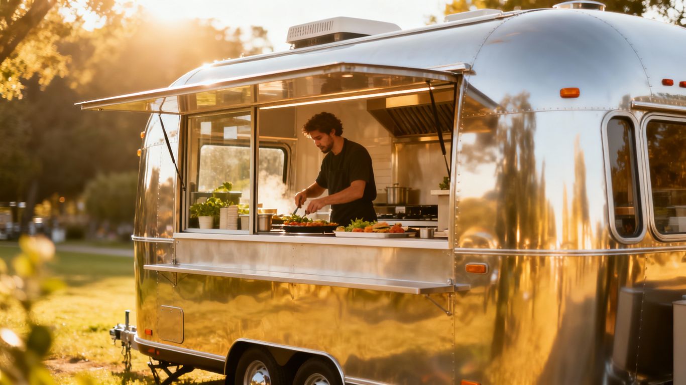 Small food trailer parked outdoors on a sunny day.