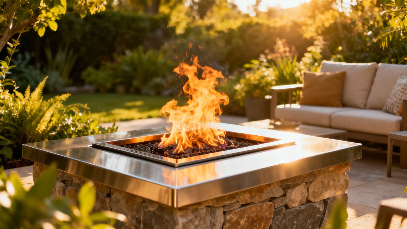 Outdoor gas burner with flames in a garden.