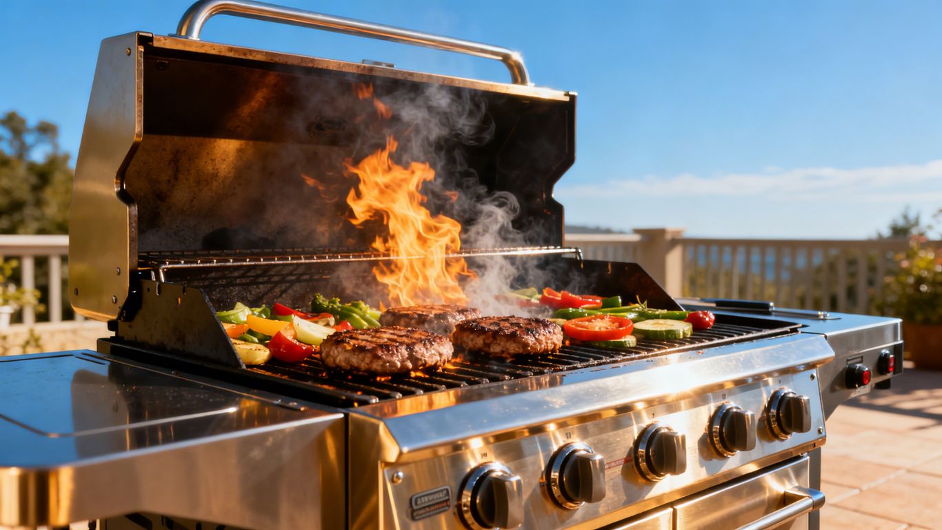New gas griddle BBQ cooking burgers and vegetables outdoors.