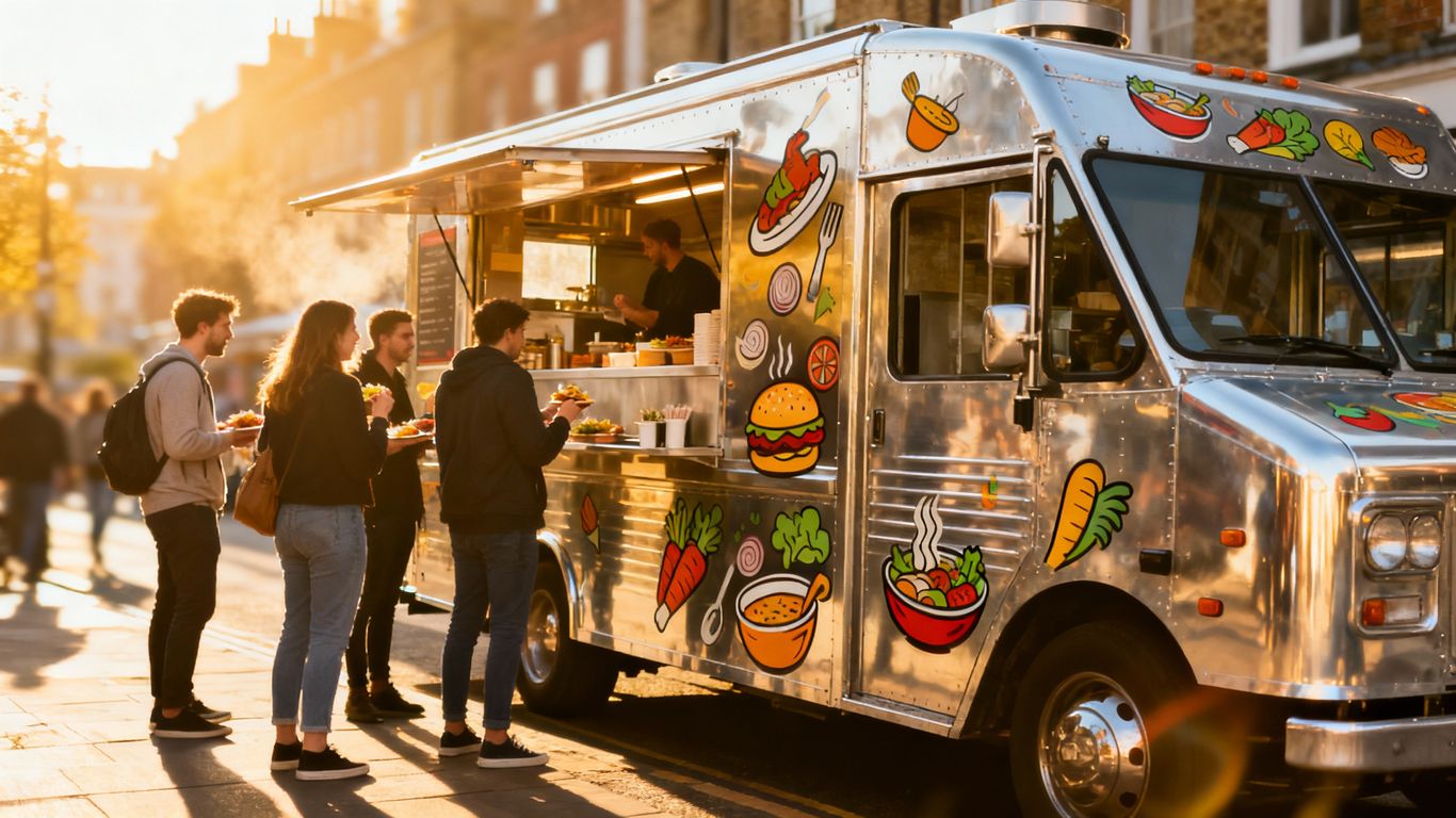 A modern food truck on a UK street.