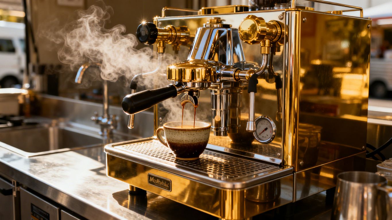 Gas espresso machine brewing coffee for mobile catering.