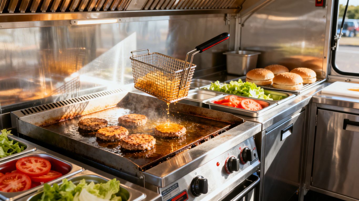 Burger van equipment inside a food truck.