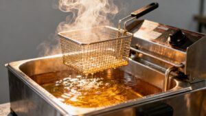 Countertop LPG fryer with bubbling oil and basket.