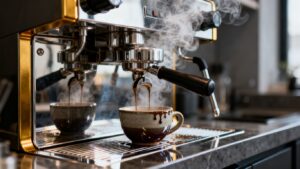 Dual fuel espresso machine steaming coffee into a cup.