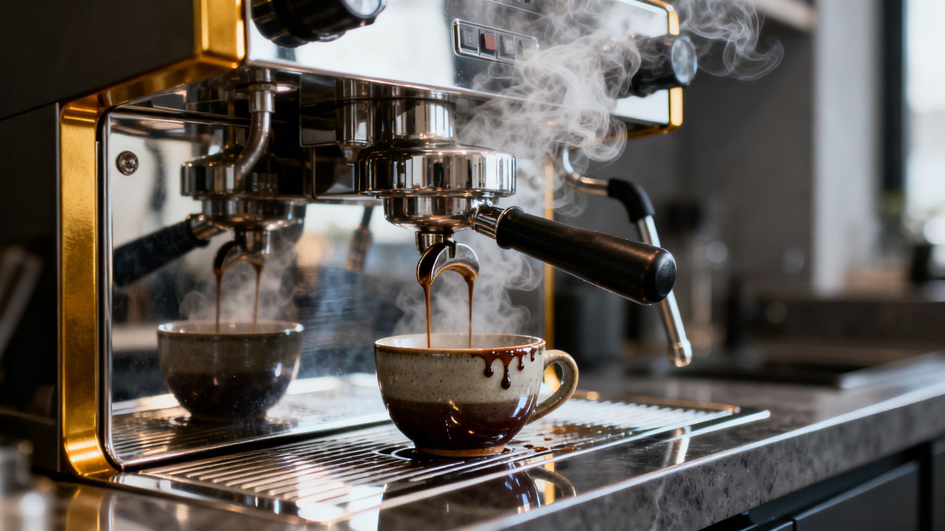 Dual fuel espresso machine steaming coffee into a cup.