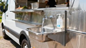 Portable hand washing station on a catering van.