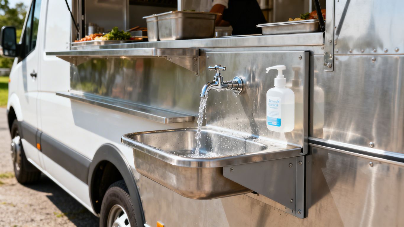 Portable hand washing station on a catering van.