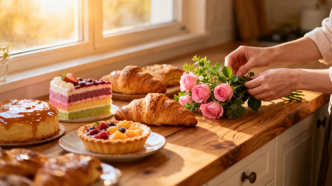 Homemade cakes and pastries on a kitchen counter.