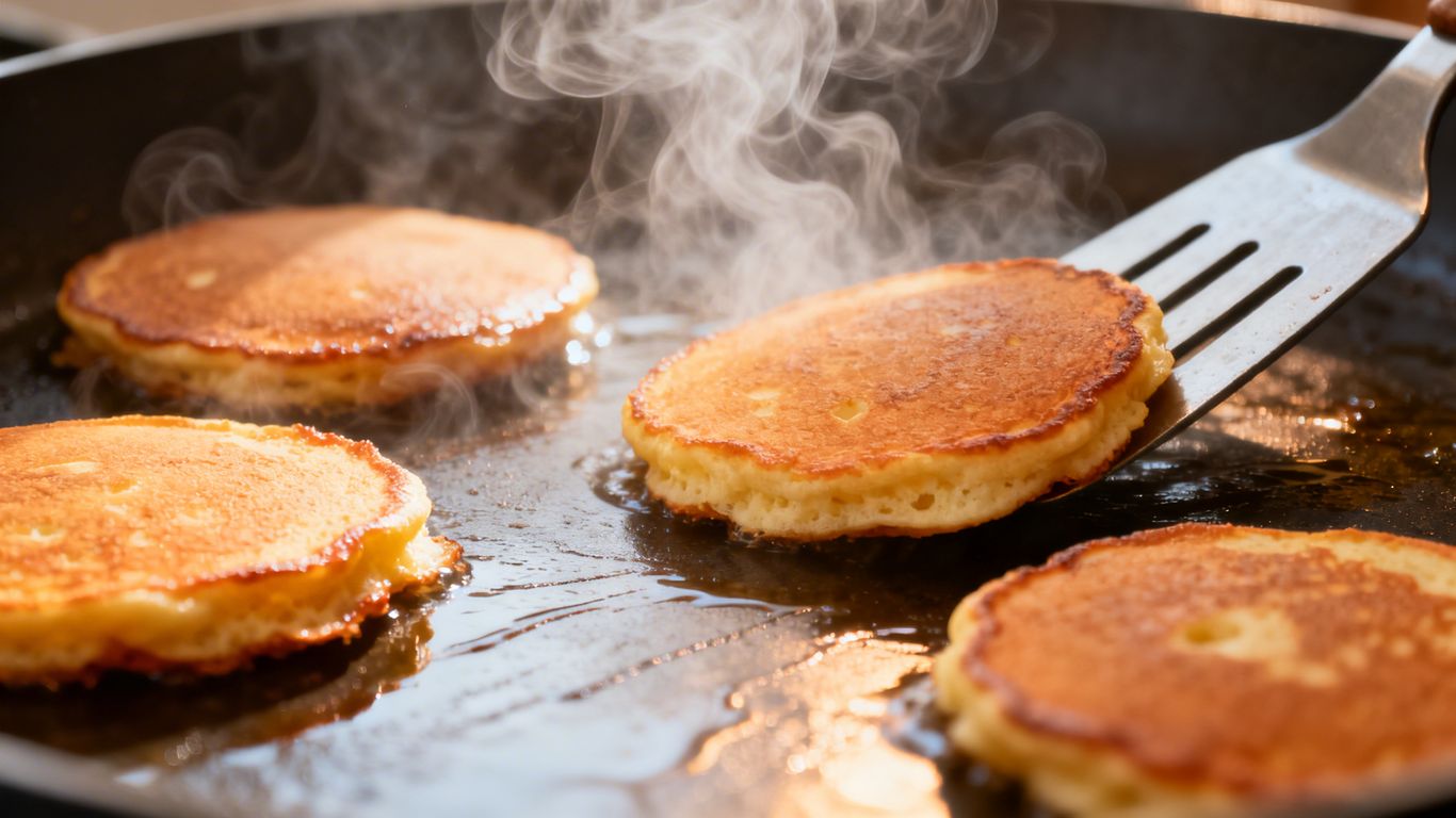 Sizzling griddle with pancakes cooking and a spatula.