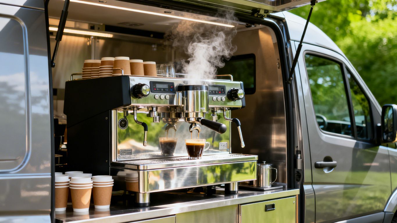 Dual fuel coffee machine inside a mobile catering van