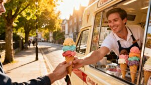 Classic ice cream van serving colourful cones on a sunny UK street.