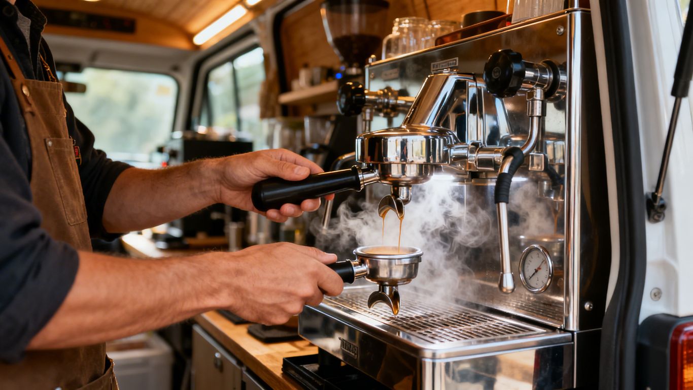 Mobile coffee van with professional espresso machine.
