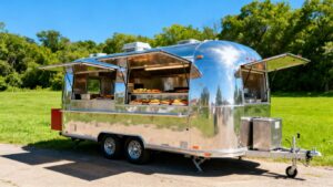 Shiny second-hand catering trailer ready for business.