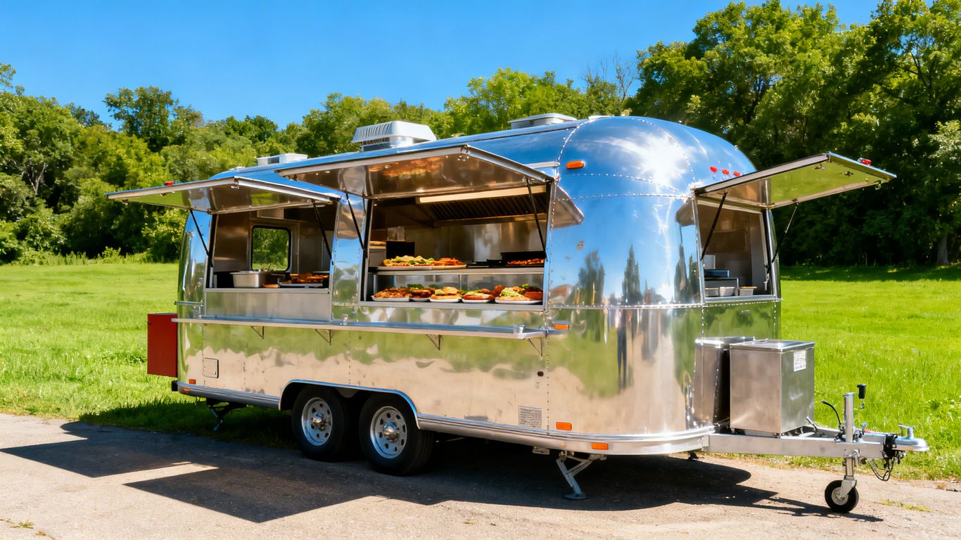 Shiny second-hand catering trailer ready for business.