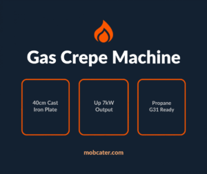 Gas crepe machine for mobile catering showing 40cm cast iron plate and LPG propane connection