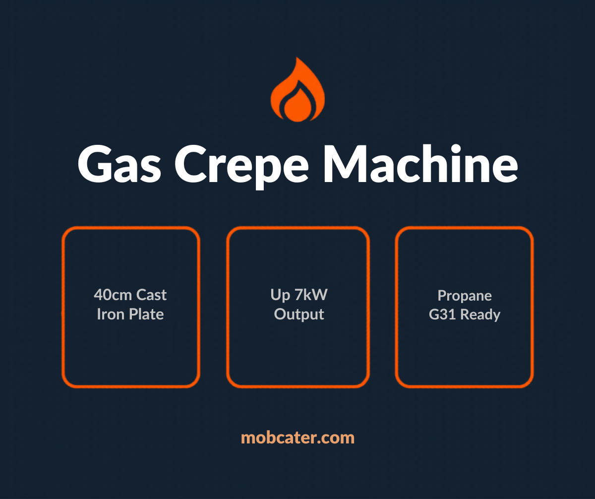 Gas crepe machine for mobile catering showing 40cm cast iron plate and LPG propane connection