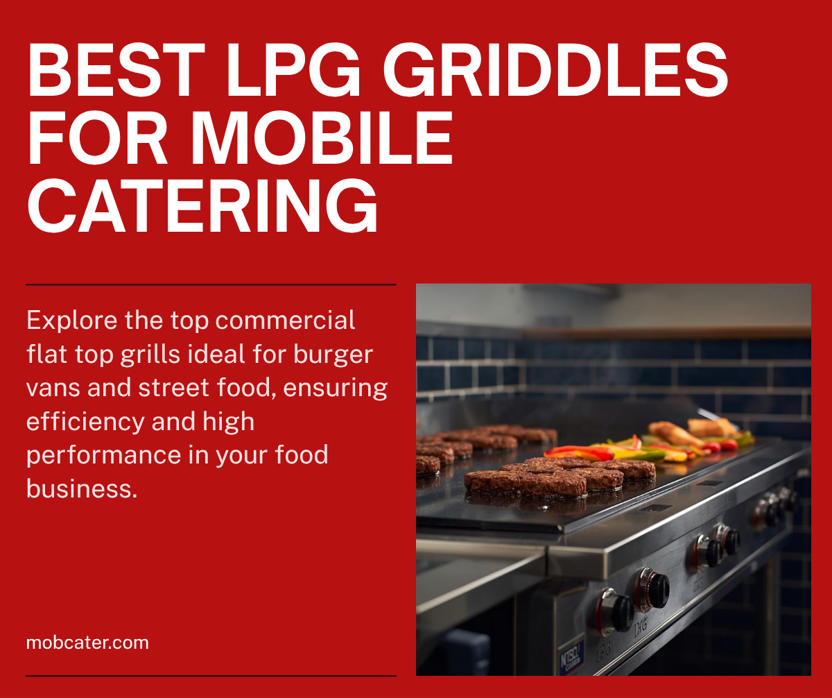Commercial LPG flat top griddle cooking burgers for mobile street food