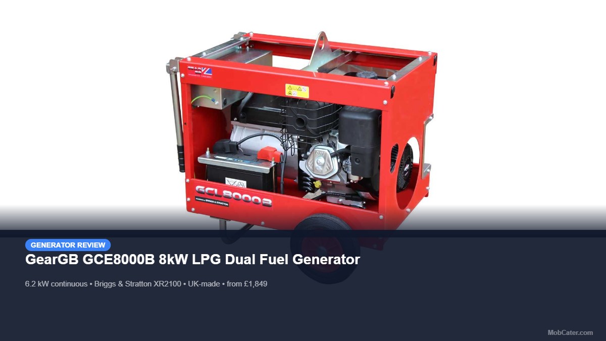 GearGB GCE8000B 8kW LPG dual fuel generator with Briggs & Stratton engine for mobile catering