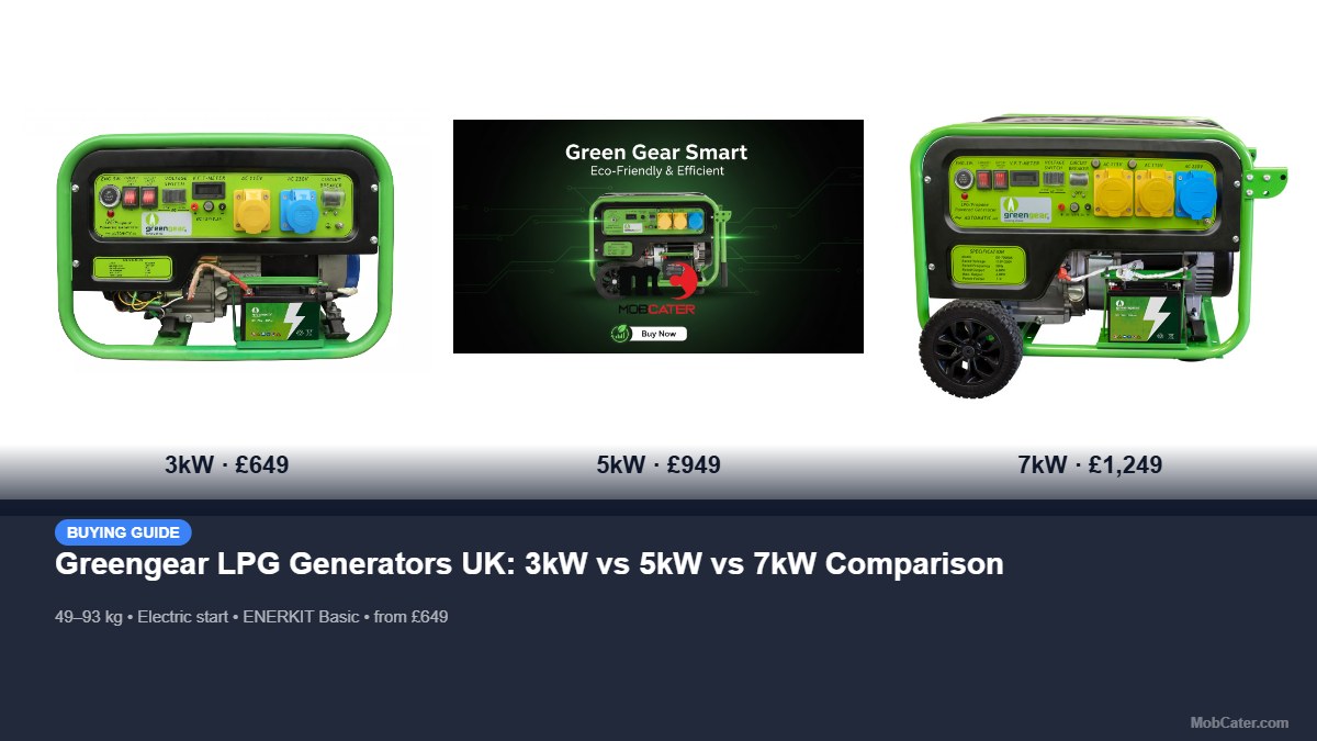 Greengear 3kW, 5kW and 7kW LPG generators side by side for mobile catering comparison