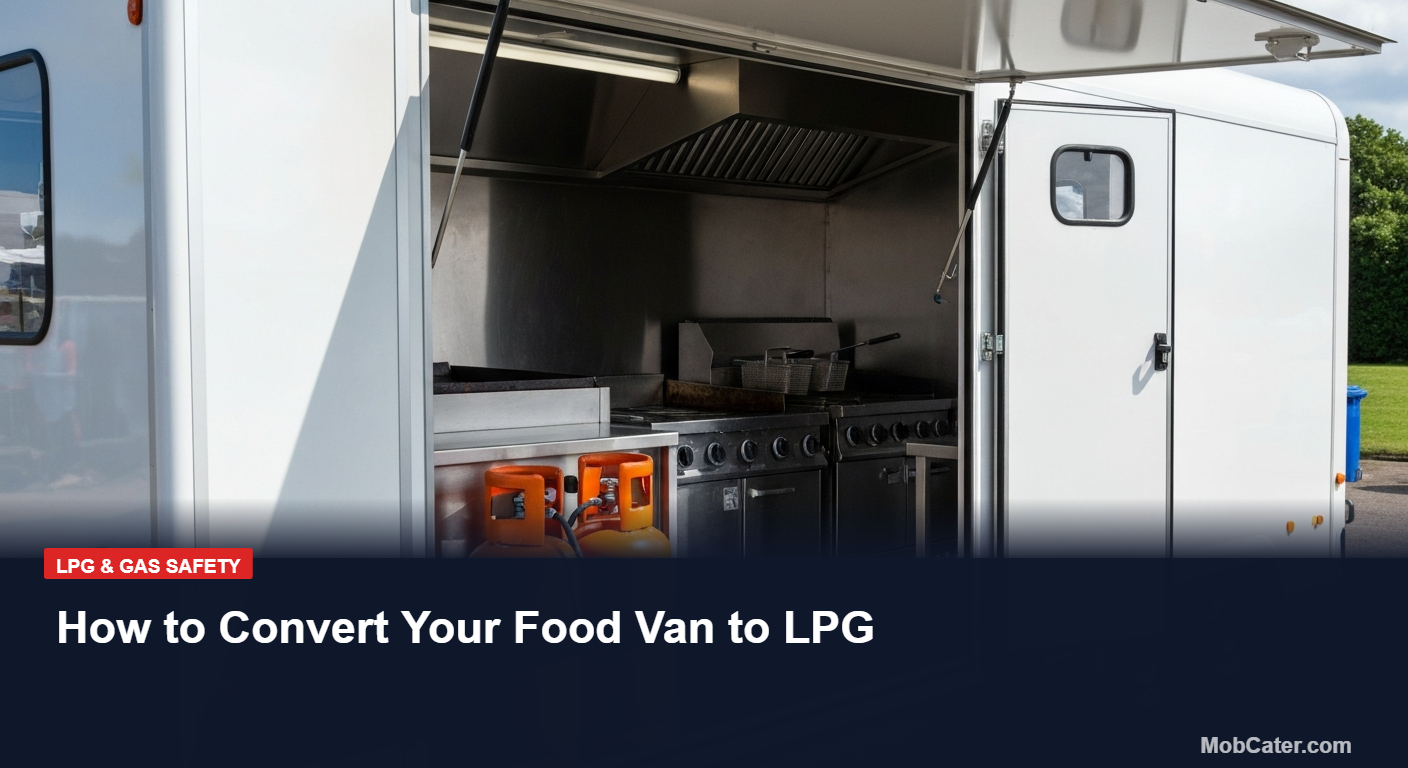 White UK mobile catering food trailer with orange propane LPG cylinders fitted - food van LPG conversion guide