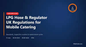 UK LPG hose and regulator compliance guide for mobile catering — propane 37 mbar, BS EN 16129 regulator, BS EN 16436 hose, CP44 inspection