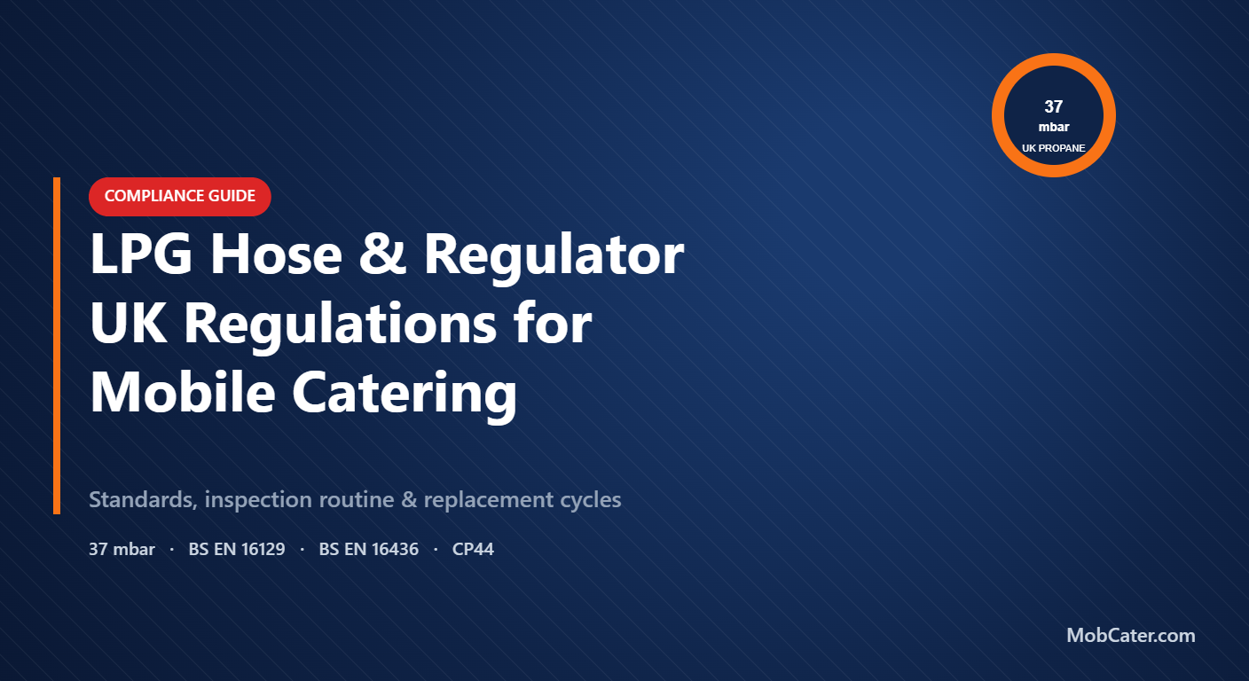 UK LPG hose and regulator compliance guide for mobile catering — propane 37 mbar, BS EN 16129 regulator, BS EN 16436 hose, CP44 inspection